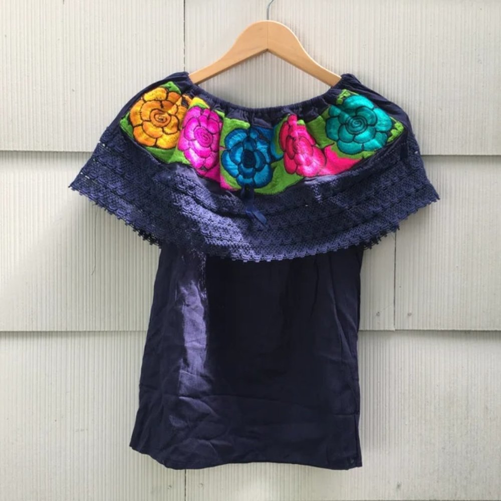 Handmade Womens Embroidered Mexican Blouse - Medium - Off the Shoulder Blouse